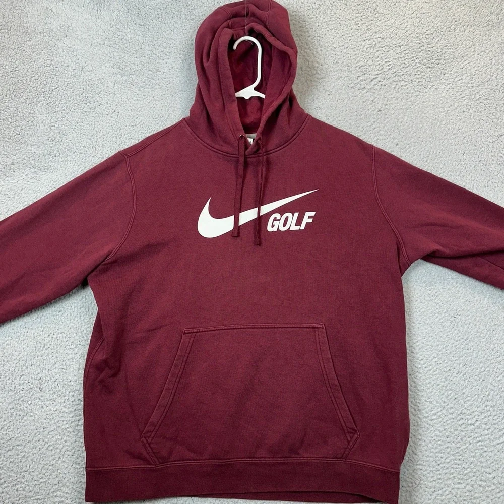 Nike Golf Hoodie Mens Large Burgundy Swoosh Graphic Print Pullover Sweatshirt